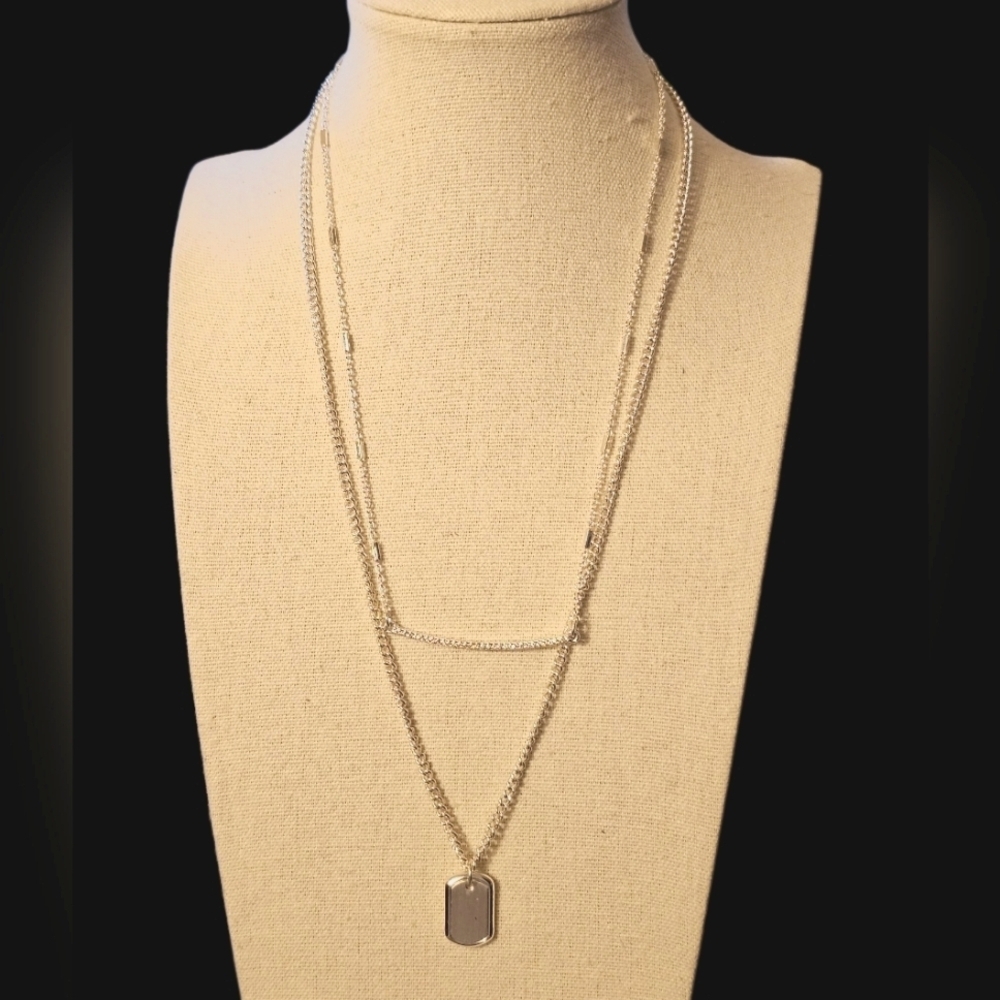Nine West Silver Layered Rhinestone Bar Pendant Necklace N1P102